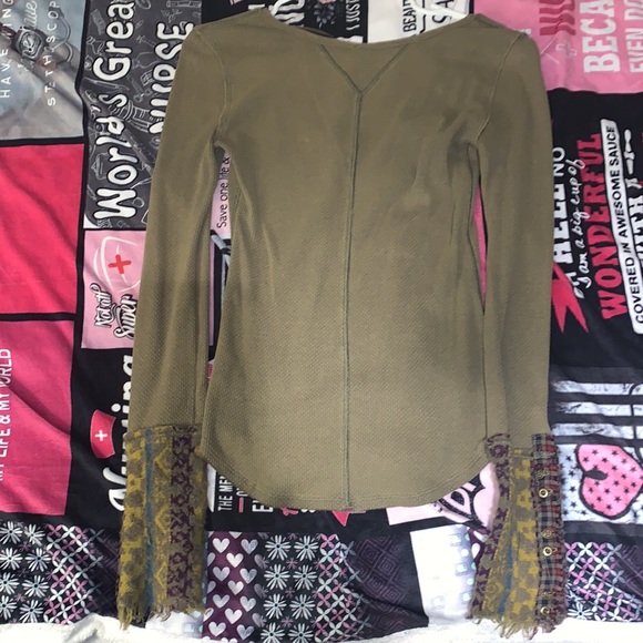 Free people olive green pattern long sleeve waffle v neck top - Picture 5 of 5
